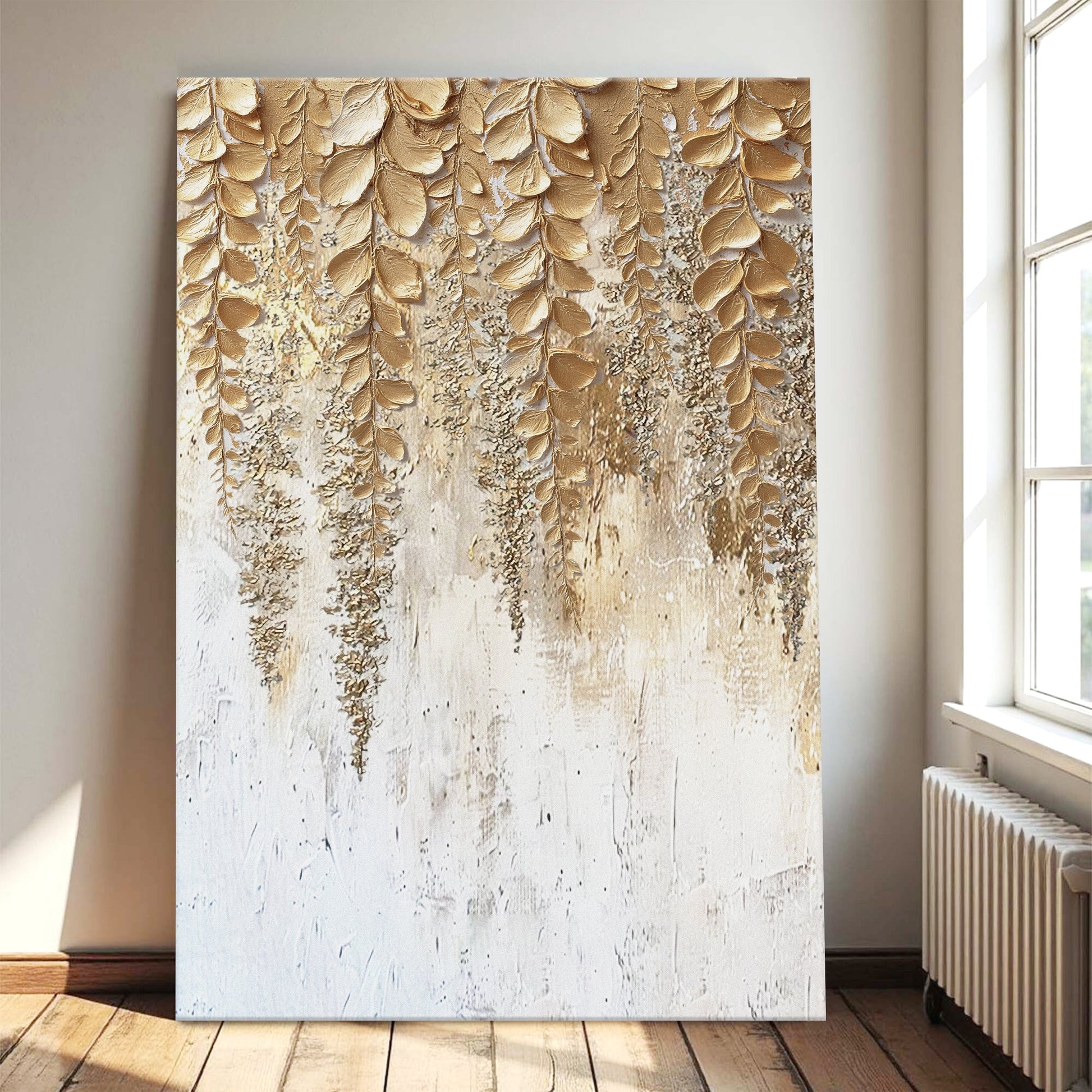 Gold wisteria relief wall art on white canvas, vertical rectangular with textured leaf pattern.