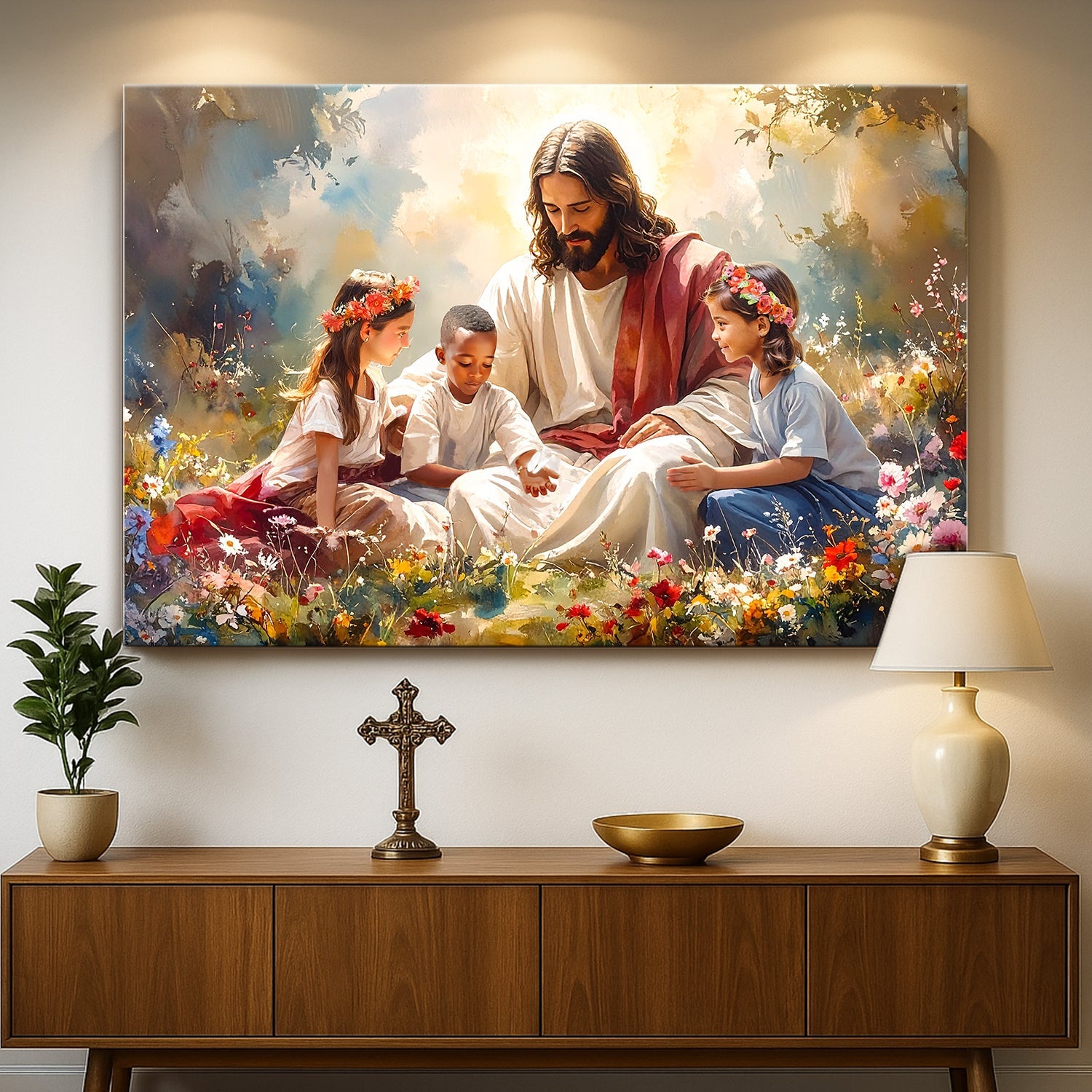 Framed wall art of Jesus with two children in a blooming garden