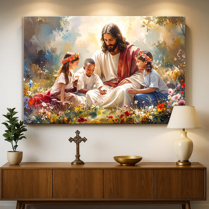 Framed wall art of Jesus with two children in a blooming garden
