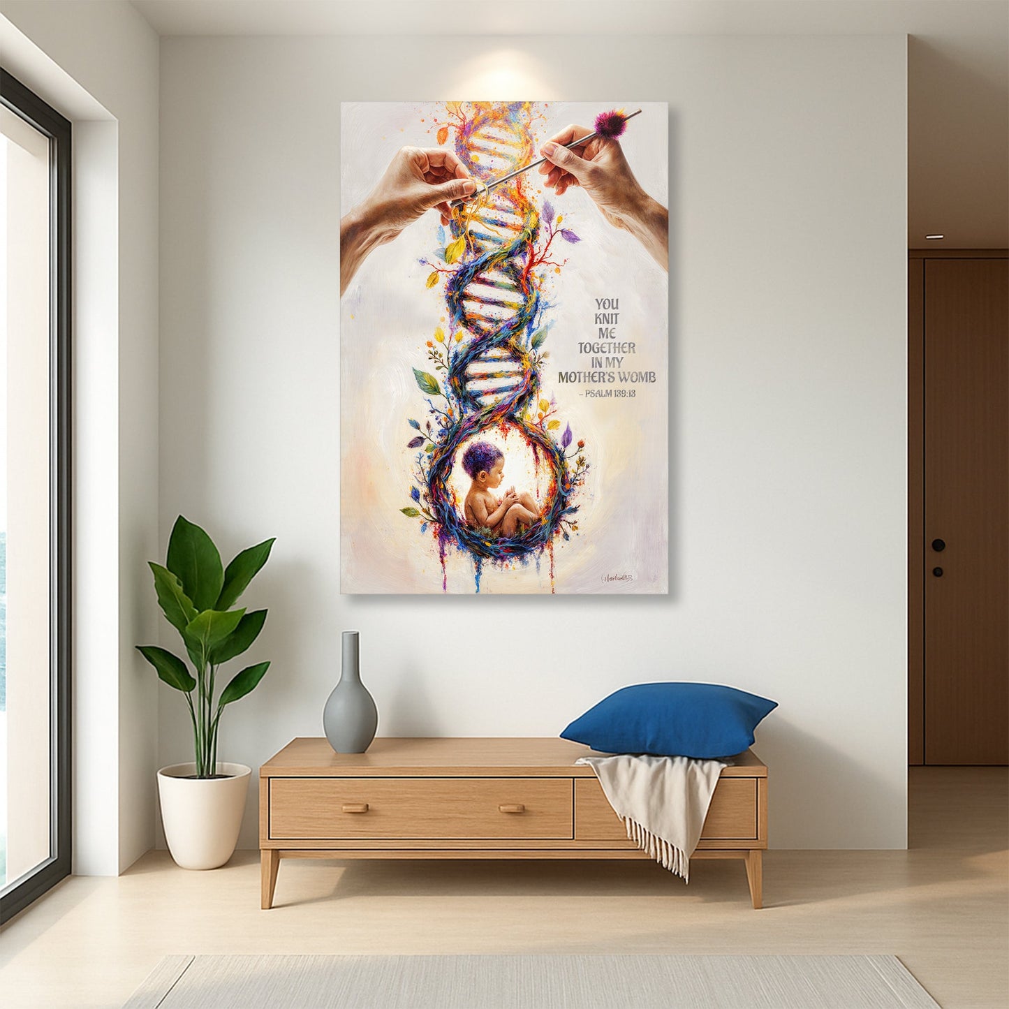 Psalm 139 knit-themed wall art canvas with hands knitting multicolor DNA and baby