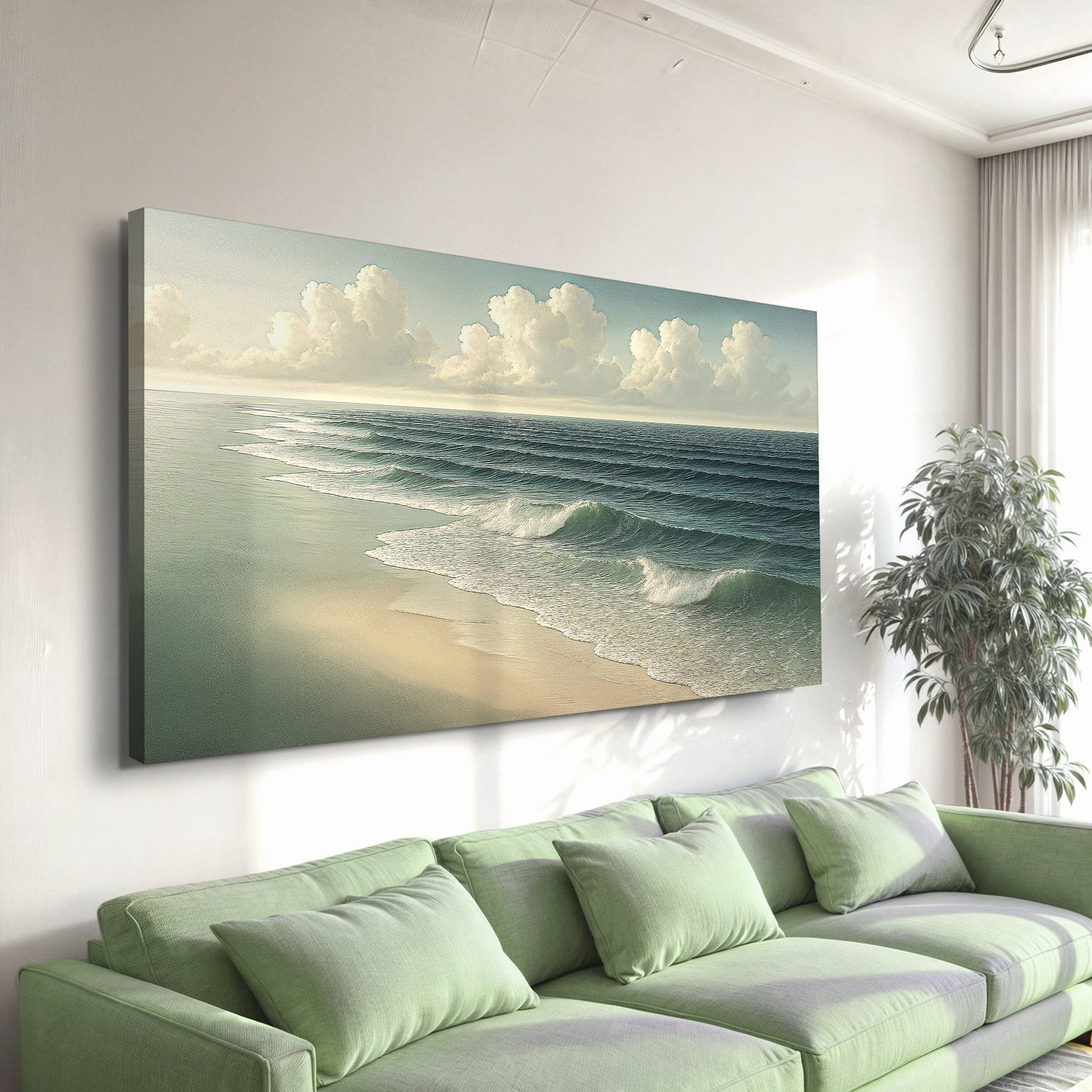 Beach shoreline canvas wall art with surf waves rolling onto sand and cloudy sky