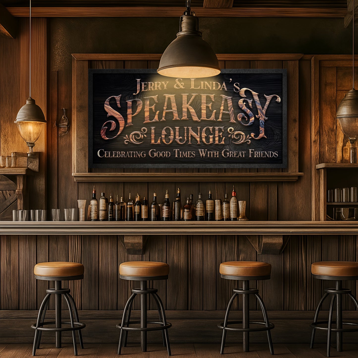 Speakeasy lounge wall sign above a bar shelf with “Jerry & Linda's” title