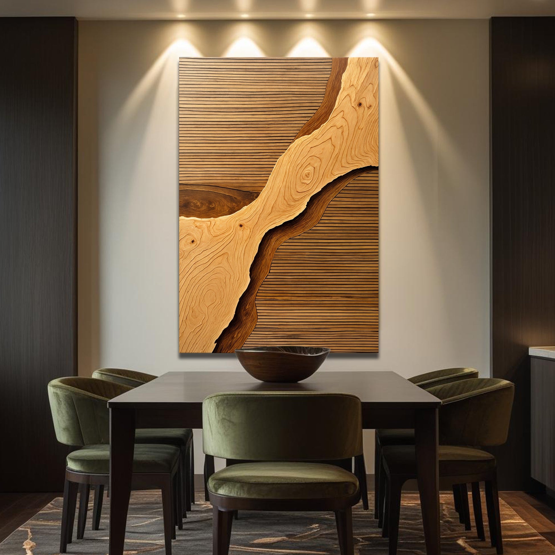 Wood rift wall art with warm light wood grain and curved dark cutout