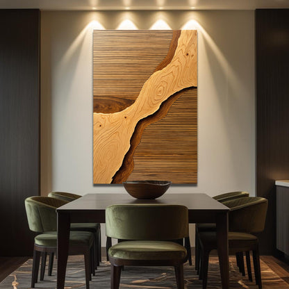 Wood rift wall art with warm light wood grain and curved dark cutout