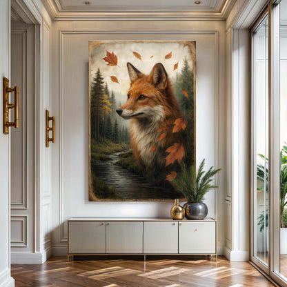 Autumn fox canvas wall art in a vertical framed print with forest path and orange leaves