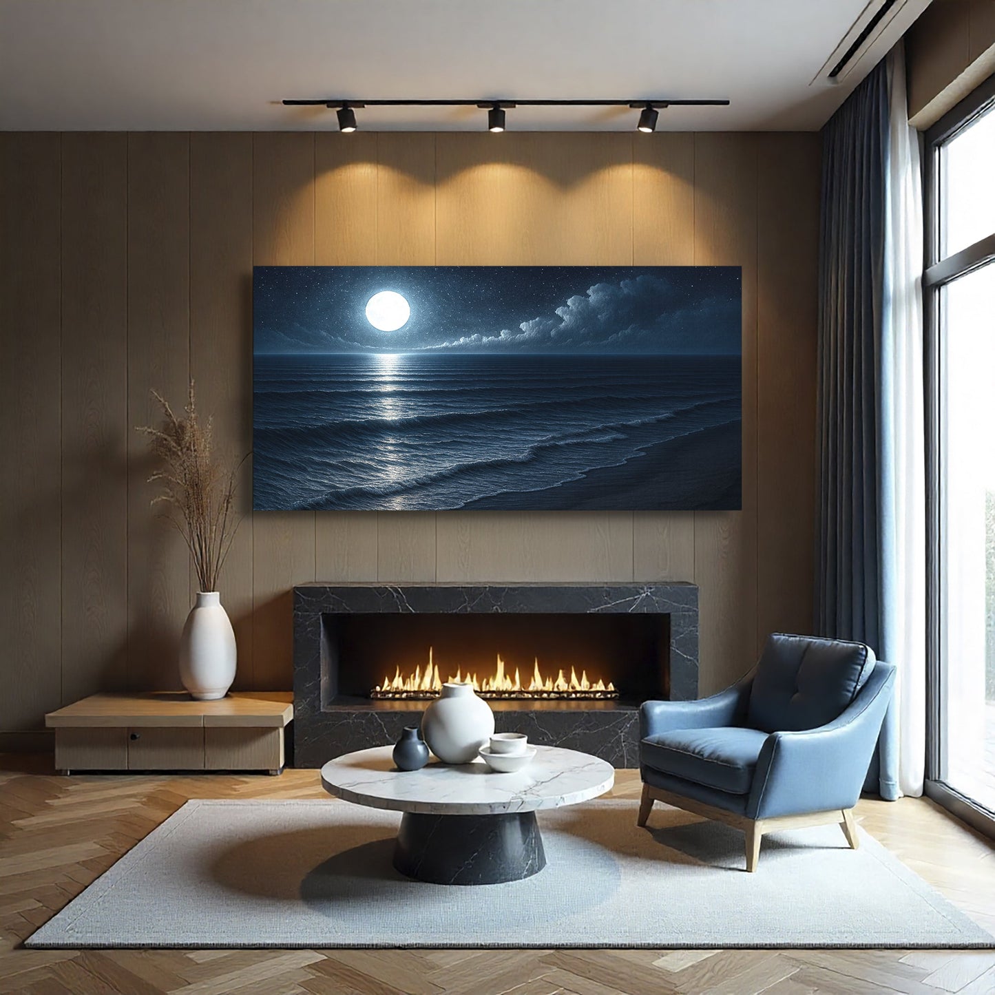 Coastal moonlit beach canvas wall art displayed on living room wall