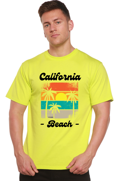 Unisex graphic T-shirt, neon lime with 'California Beach' palm print