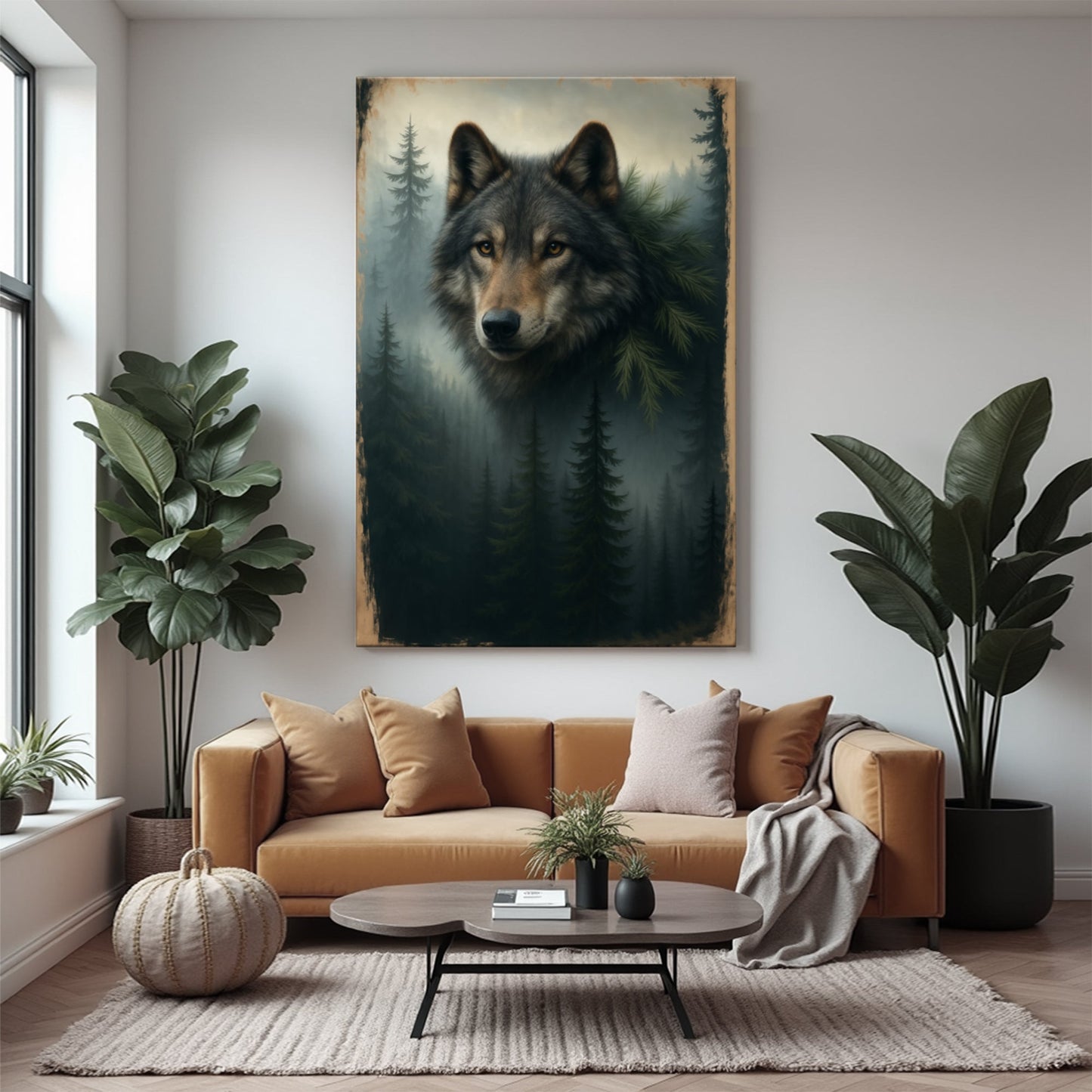 Framed wolf and pine forest double exposure wall art canvas