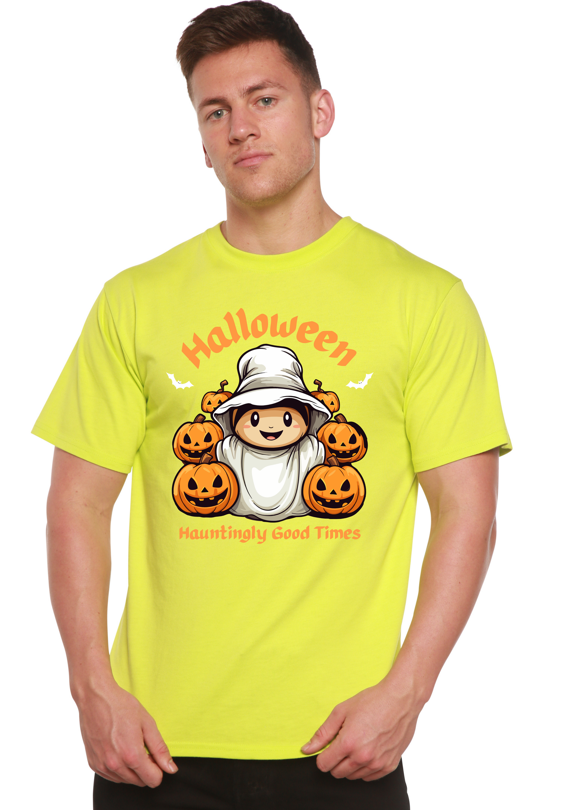 Men's lime green Halloween graphic short sleeve T-shirt with pumpkins and ghost face