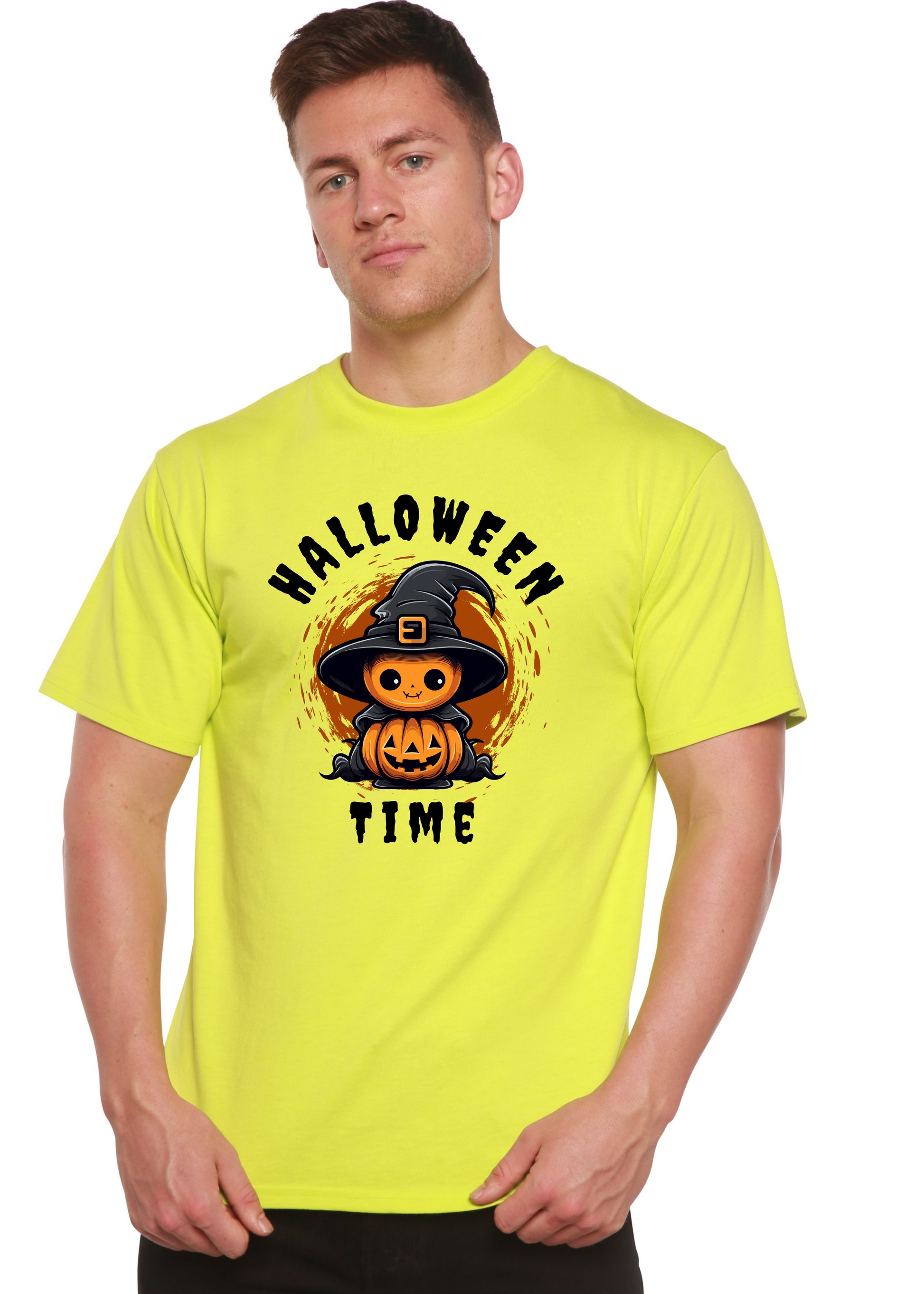 Unisex Halloween graphic T-shirt, crew neck; lime yellow short sleeve with witch-pumpkin front print