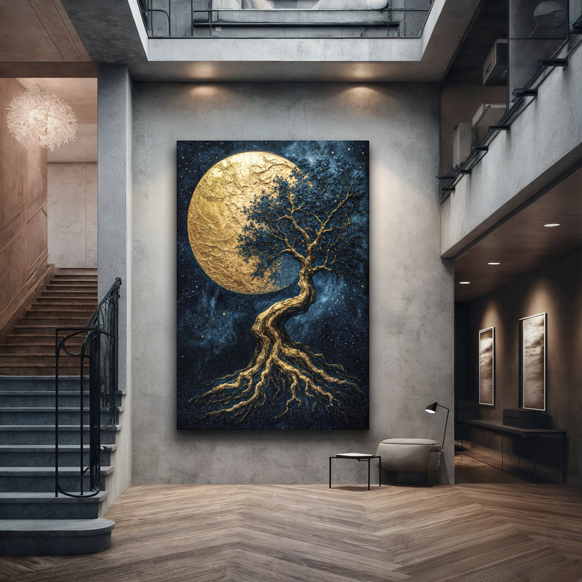Tree of Life wall art with gold moon and blue textured background, golden twisting tree