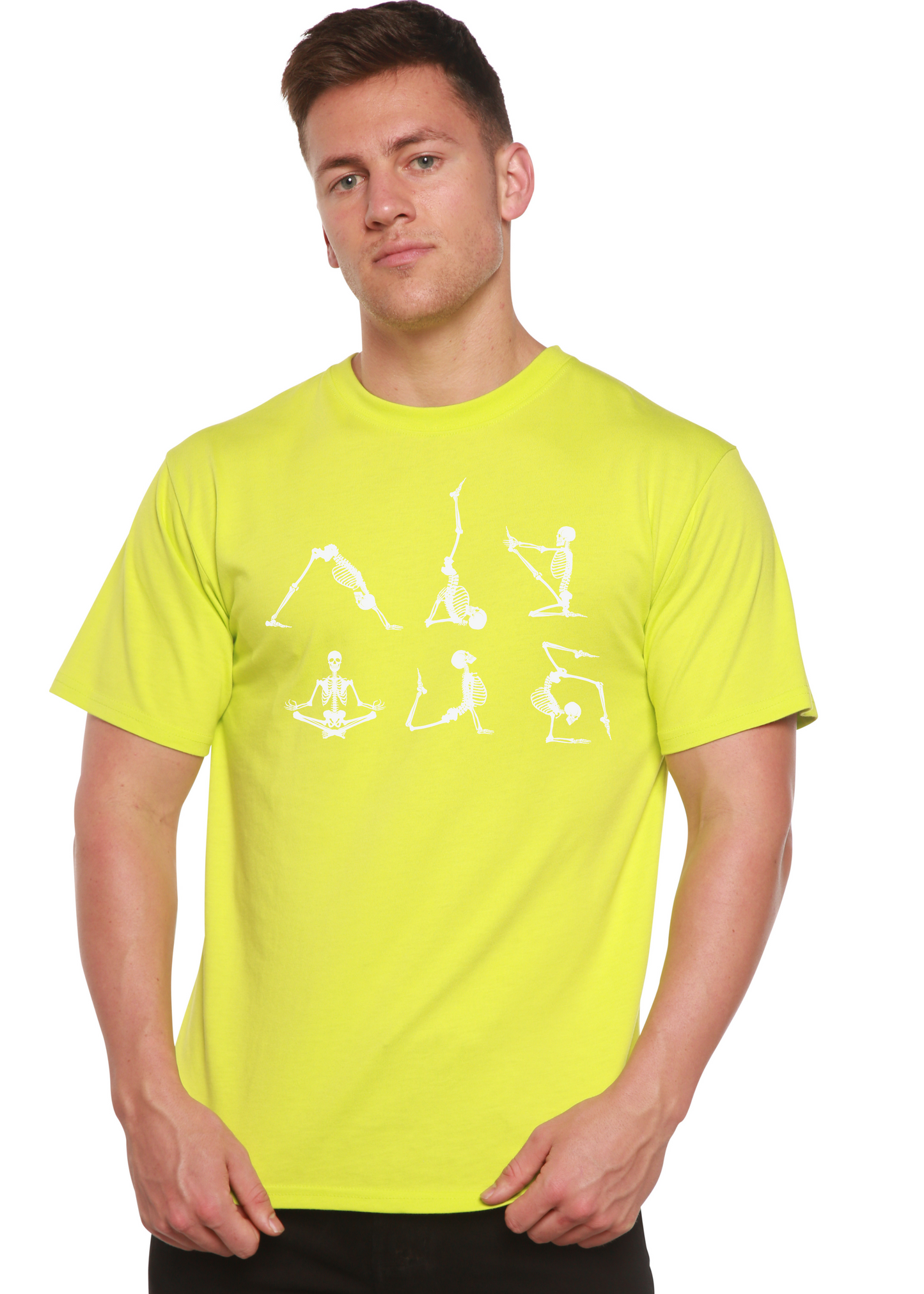 Men's lime green short sleeve graphic t-shirt with white skeleton yoga artwork