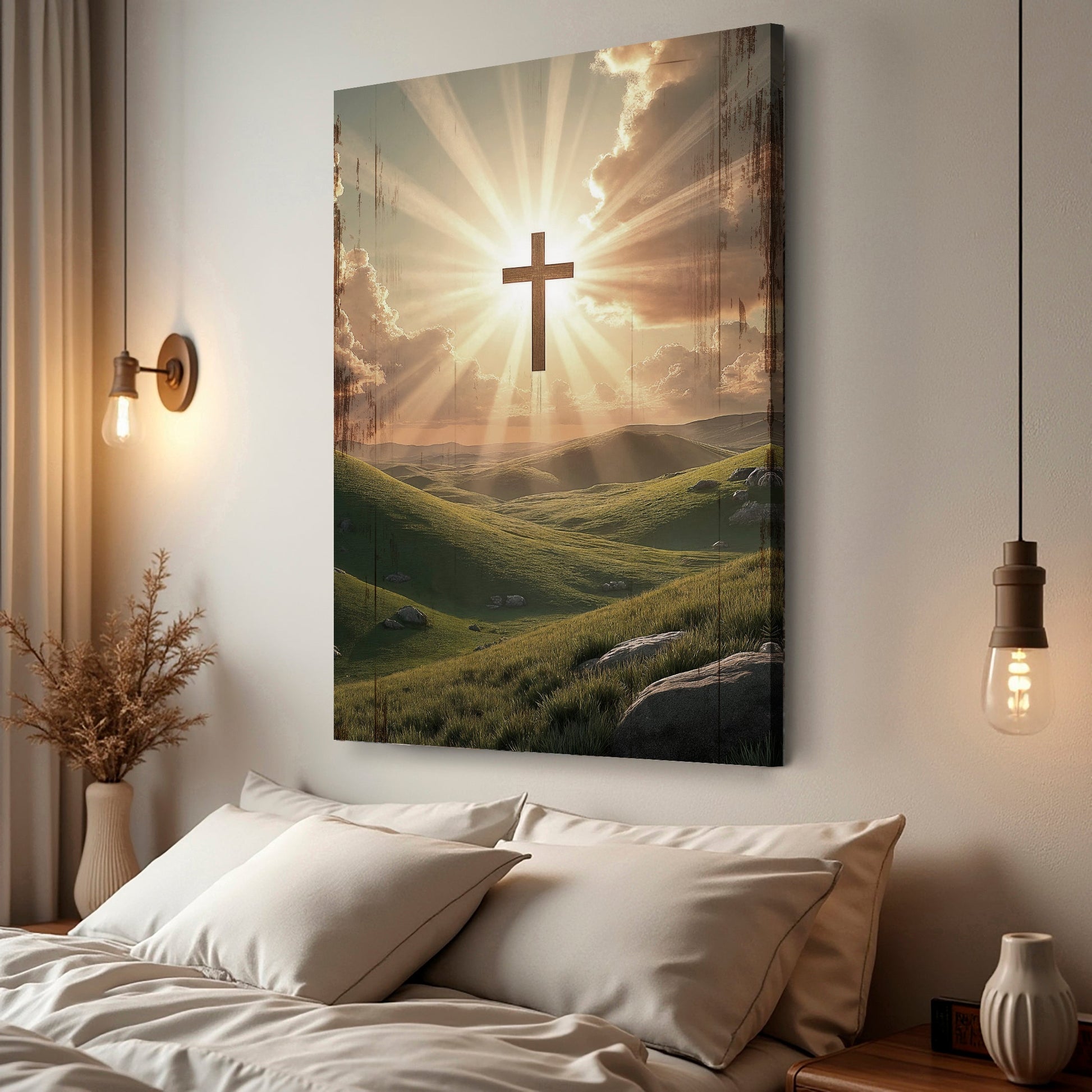 Amazing Grace wall sign canvas with a central gold cross on a valley landscape