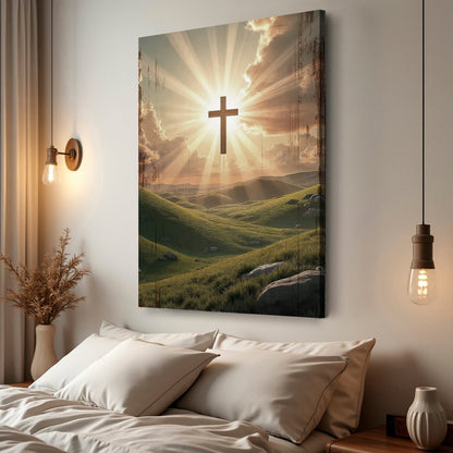 Amazing Grace wall sign canvas with a central gold cross on a valley landscape