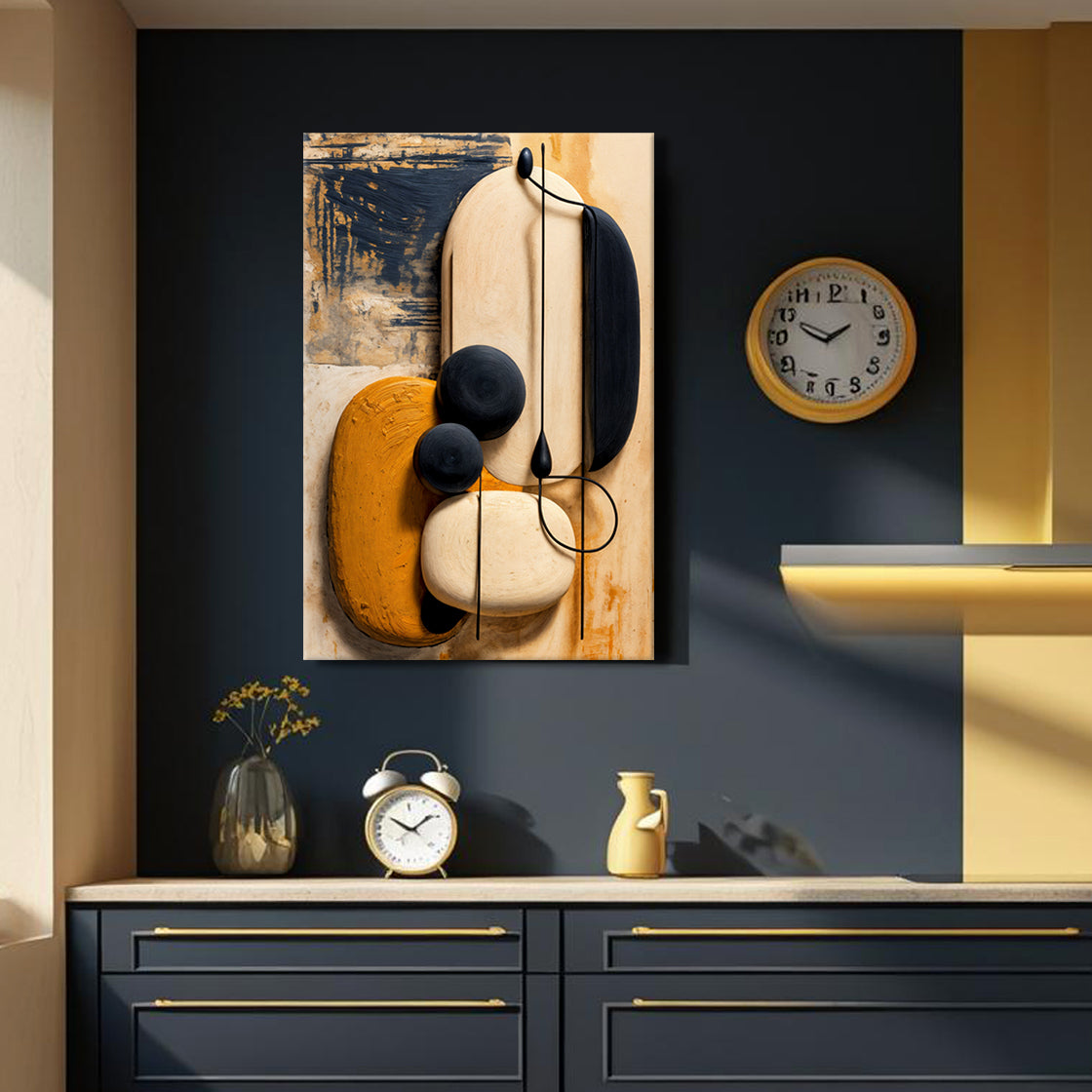 Abstract wall art canvas featuring cream and orange shapes with dark blue lines and dots