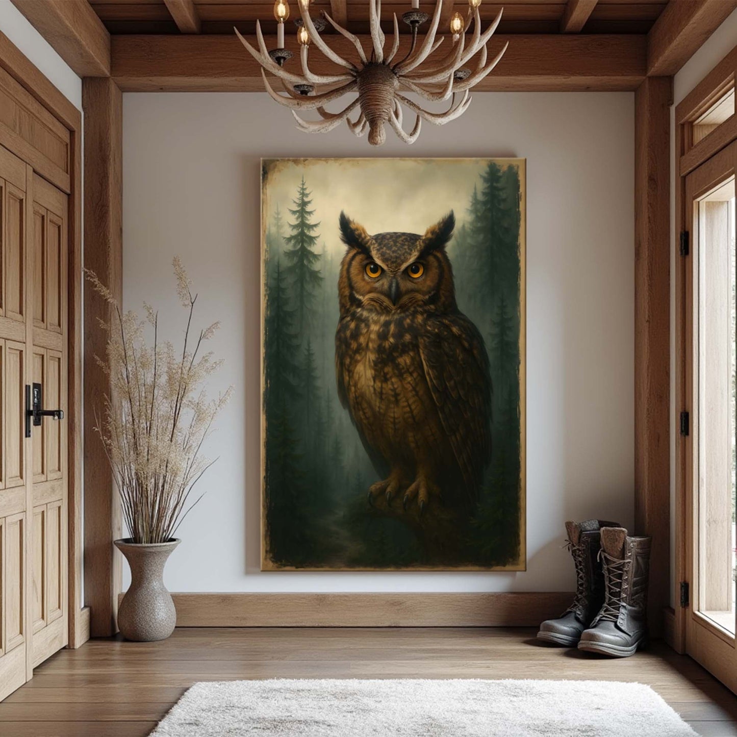 Owl wall art canvas framed on blank wall, owl with pine trees behind