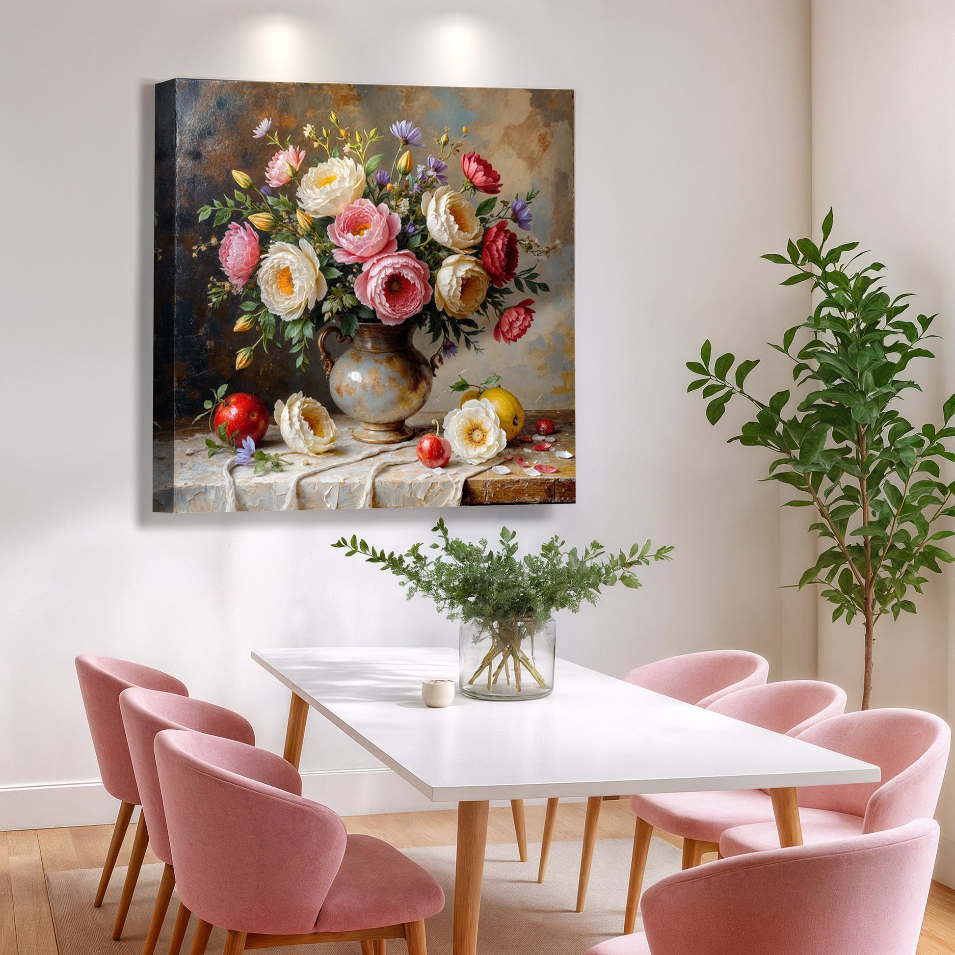 Square floral vase wall art showing mixed flowers and berries in a bronze urn on stones