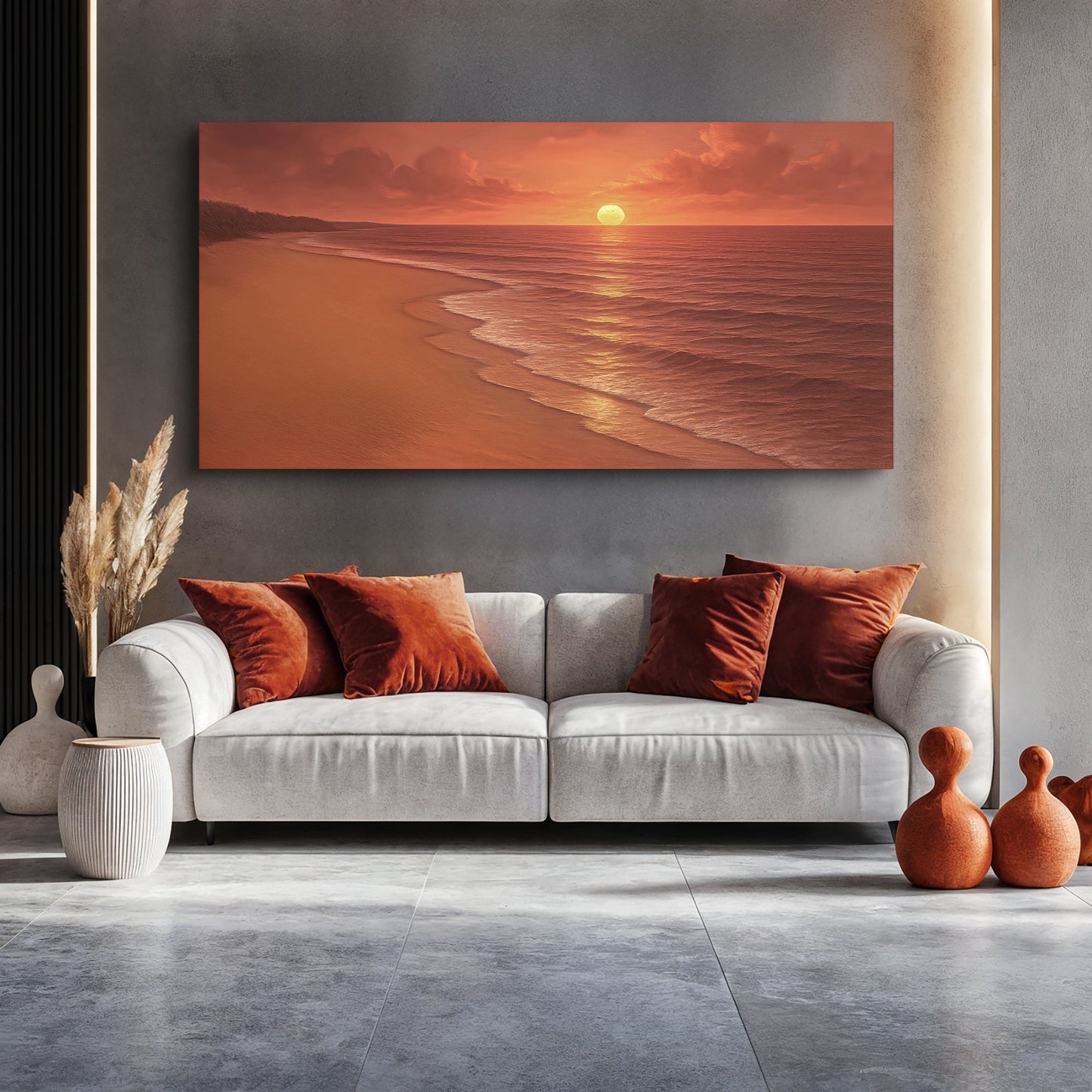 Sunset beach canvas wall art with orange sky, calm sea reflections, and sandy shoreline.