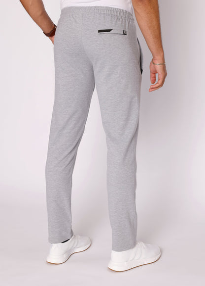 Light gray athletic sweatpants with tapered legs and elastic waistband