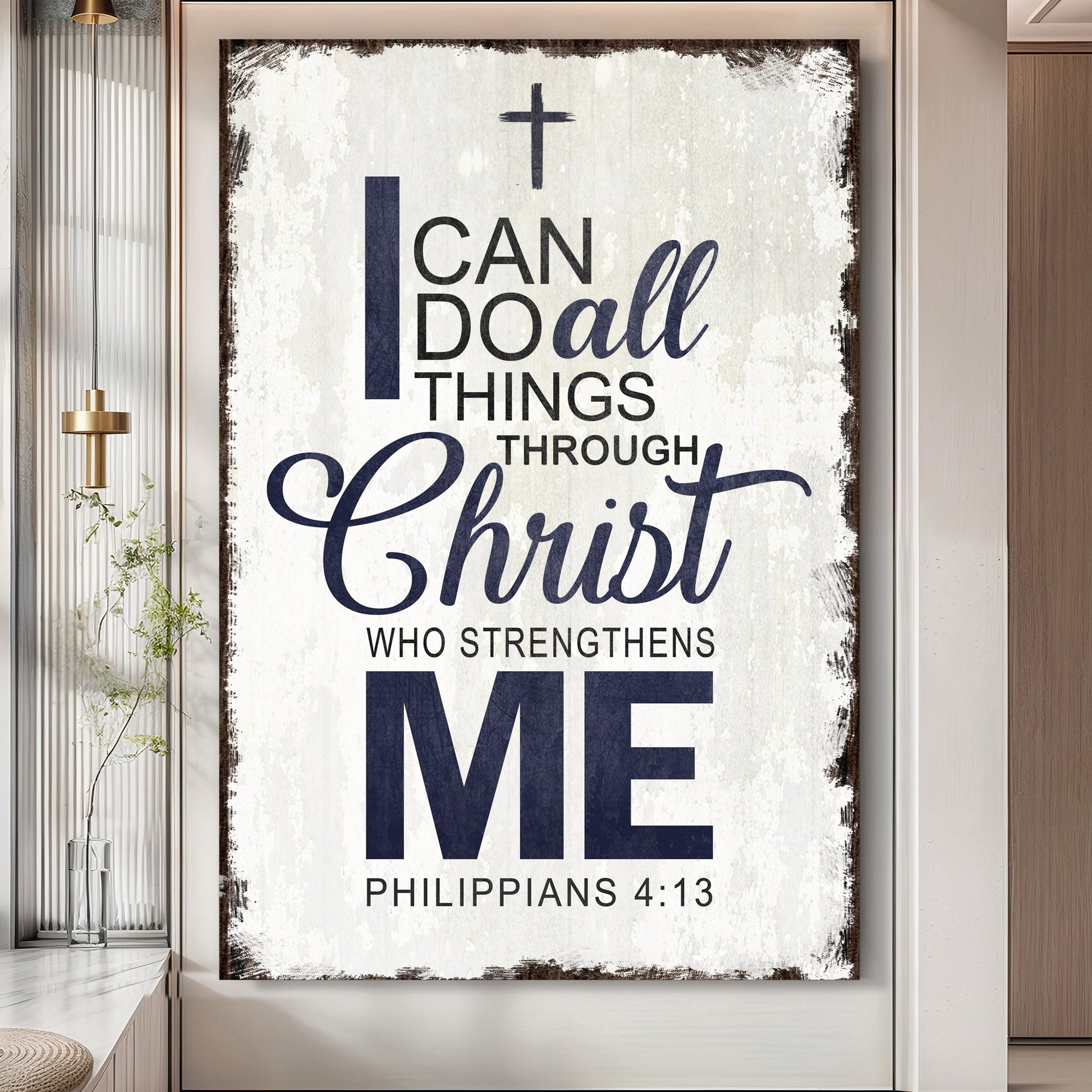 Framed canvas wall art with cross and text “I can do all things through Christ”