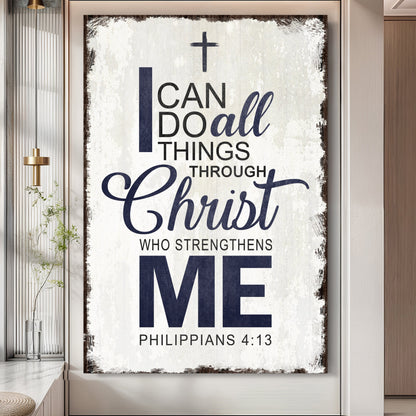 Framed canvas wall art with cross and text “I can do all things through Christ”