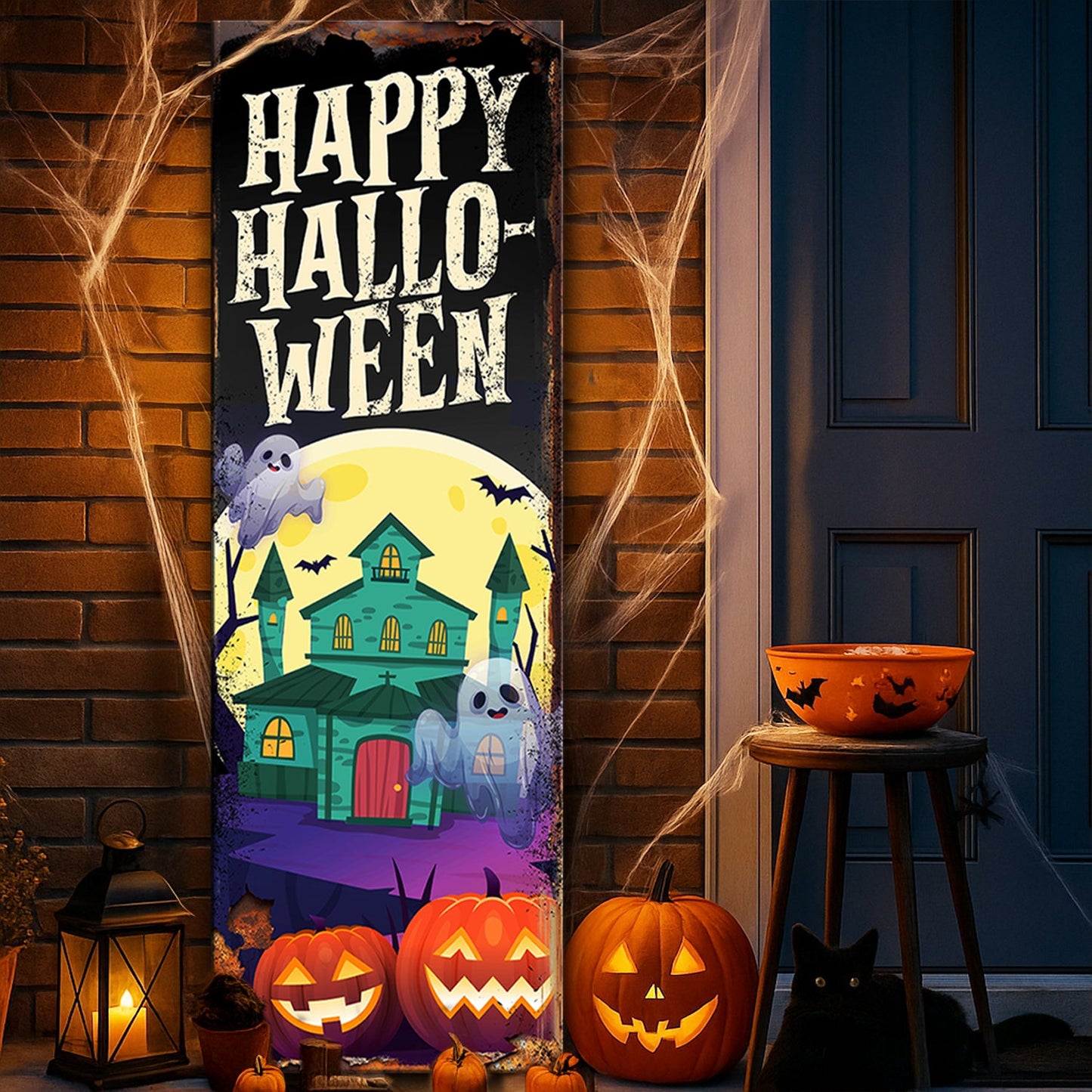 Halloween welcome sign canvas on brick wall, Happy HalloWeen text above spooky houses