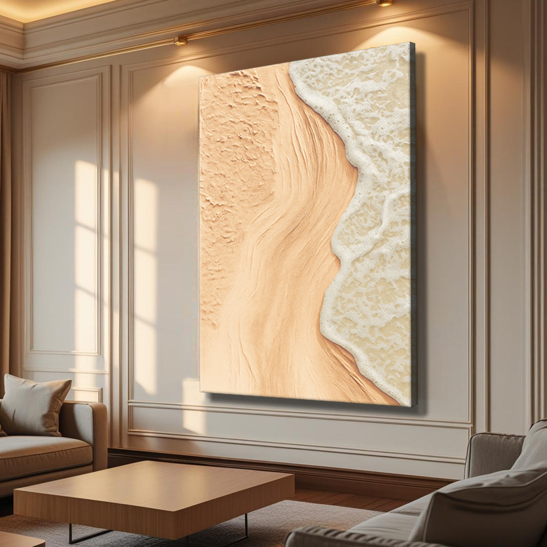 Beige coastal wall art canvas, textured sand and white wavy edge