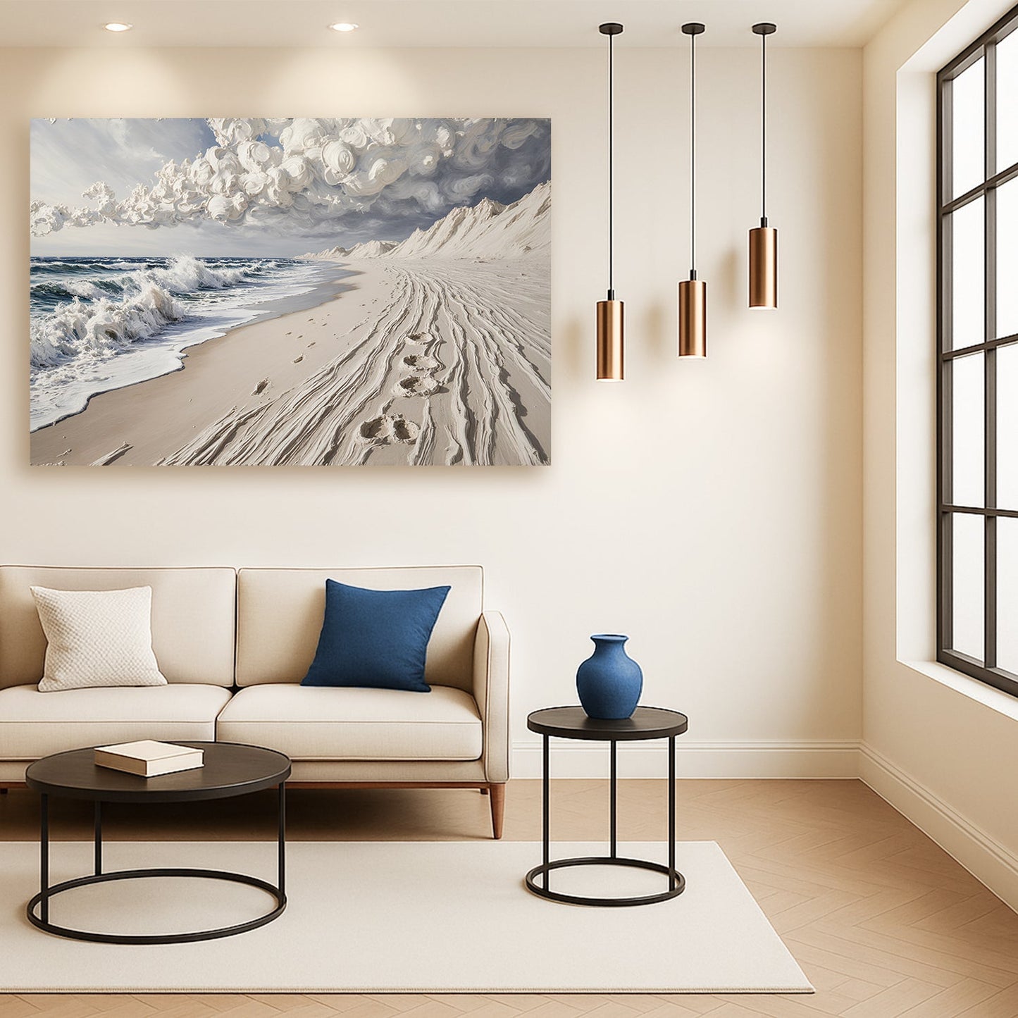 Sand beach wall art canvas with sandy ridges and foamy ocean surf