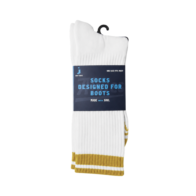 White boot socks with yellow-striped cuff and yellow toe accents, hanging