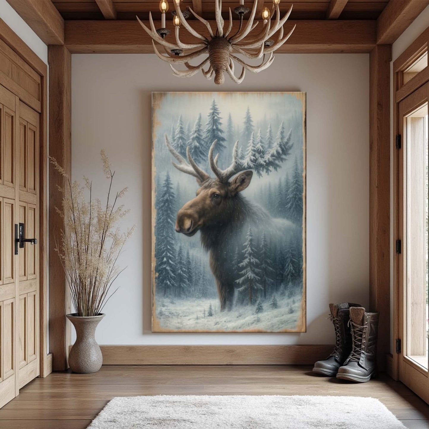 Moose and forest double-exposure wall art canvas with blue pine trees and snowy ground