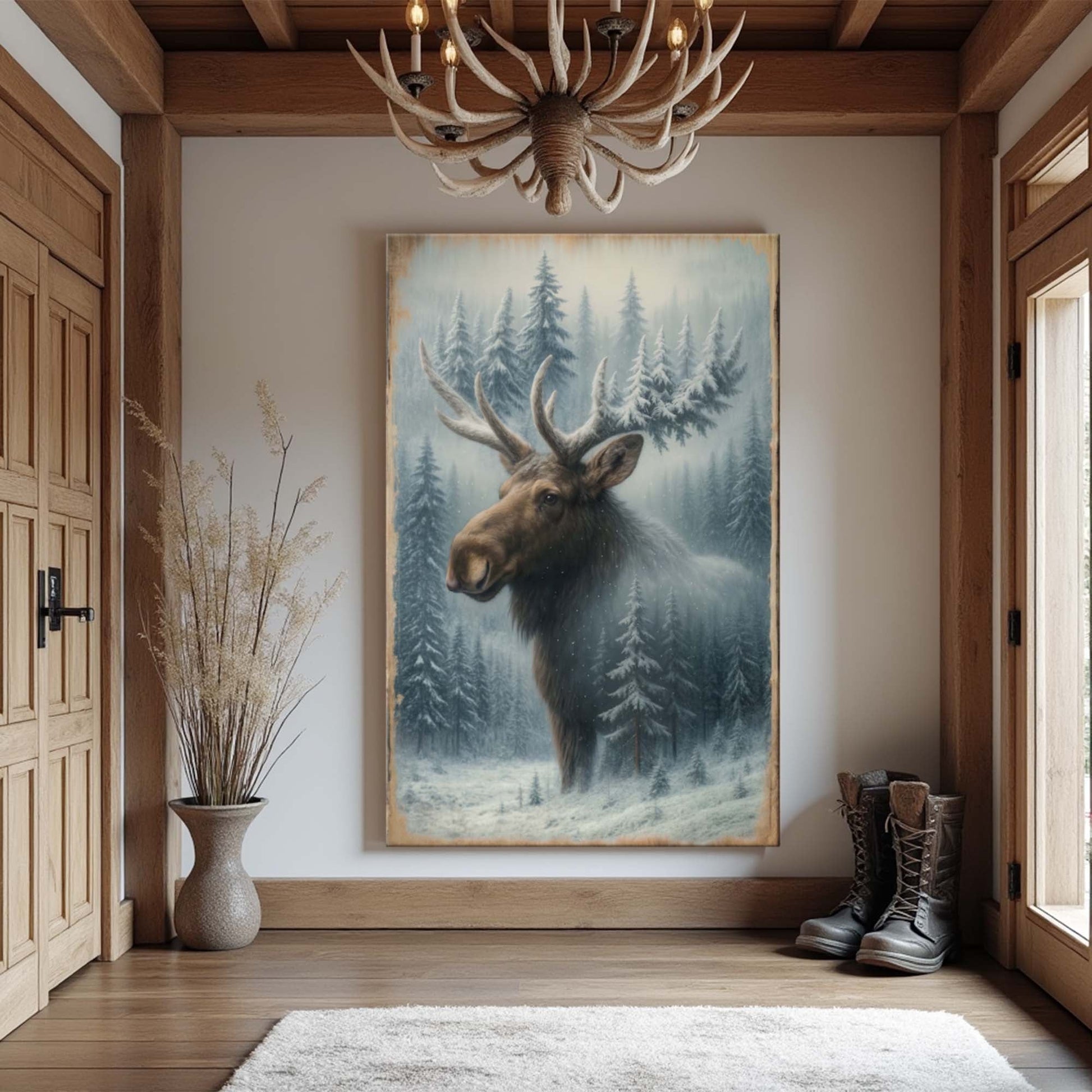 Moose and forest double-exposure wall art canvas with blue pine trees and snowy ground