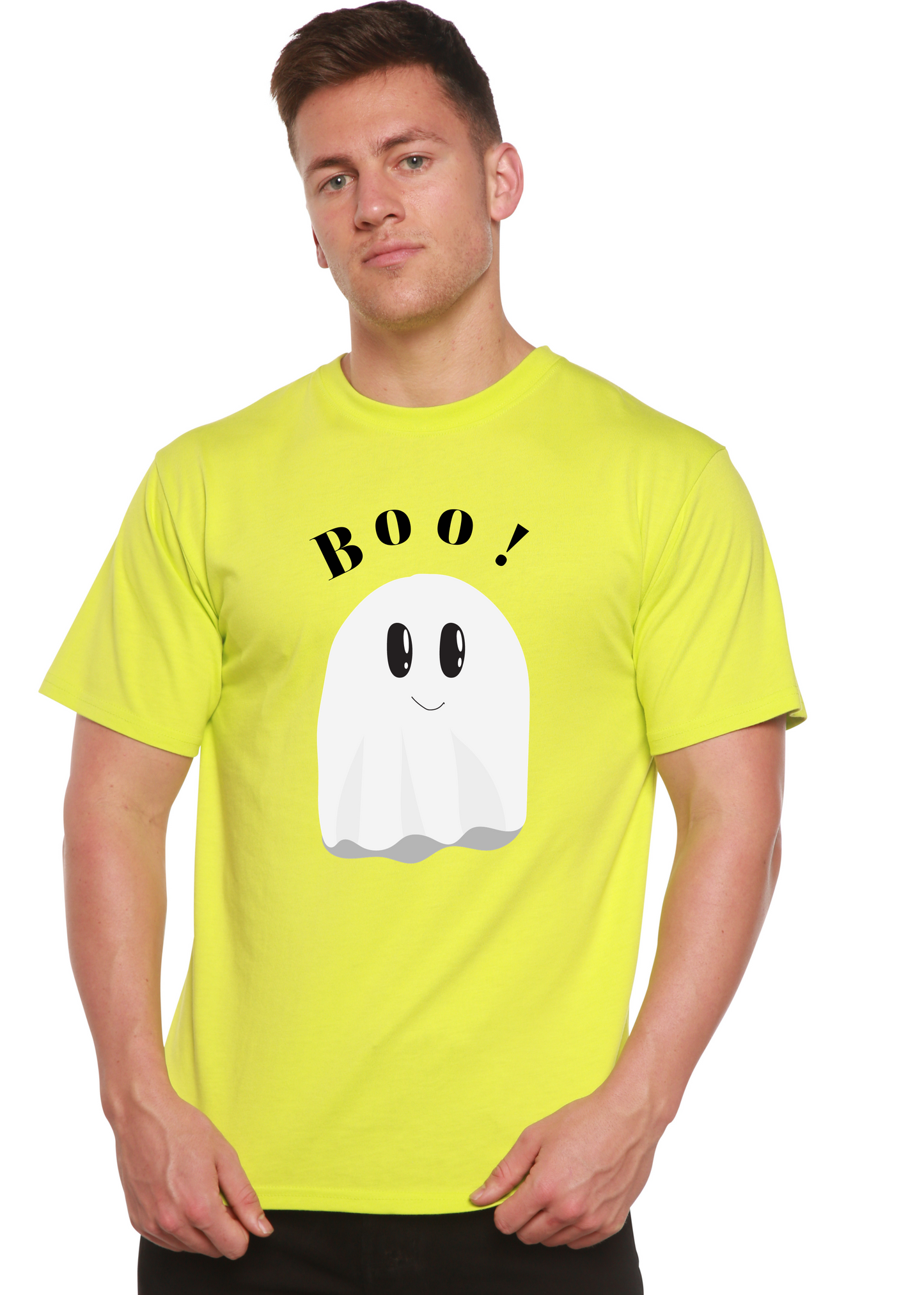 Men's lime graphic T-shirt with “BOO!” text and white ghost print