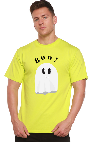 Men's lime graphic T-shirt with “BOO!” text and white ghost print