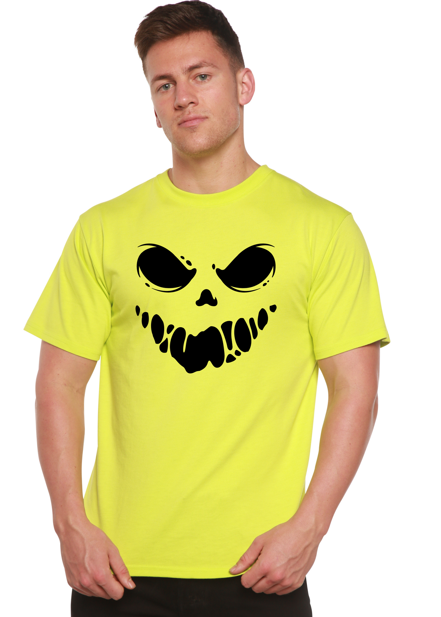 Men's lime green short sleeve graphic T-shirt with black skull face print