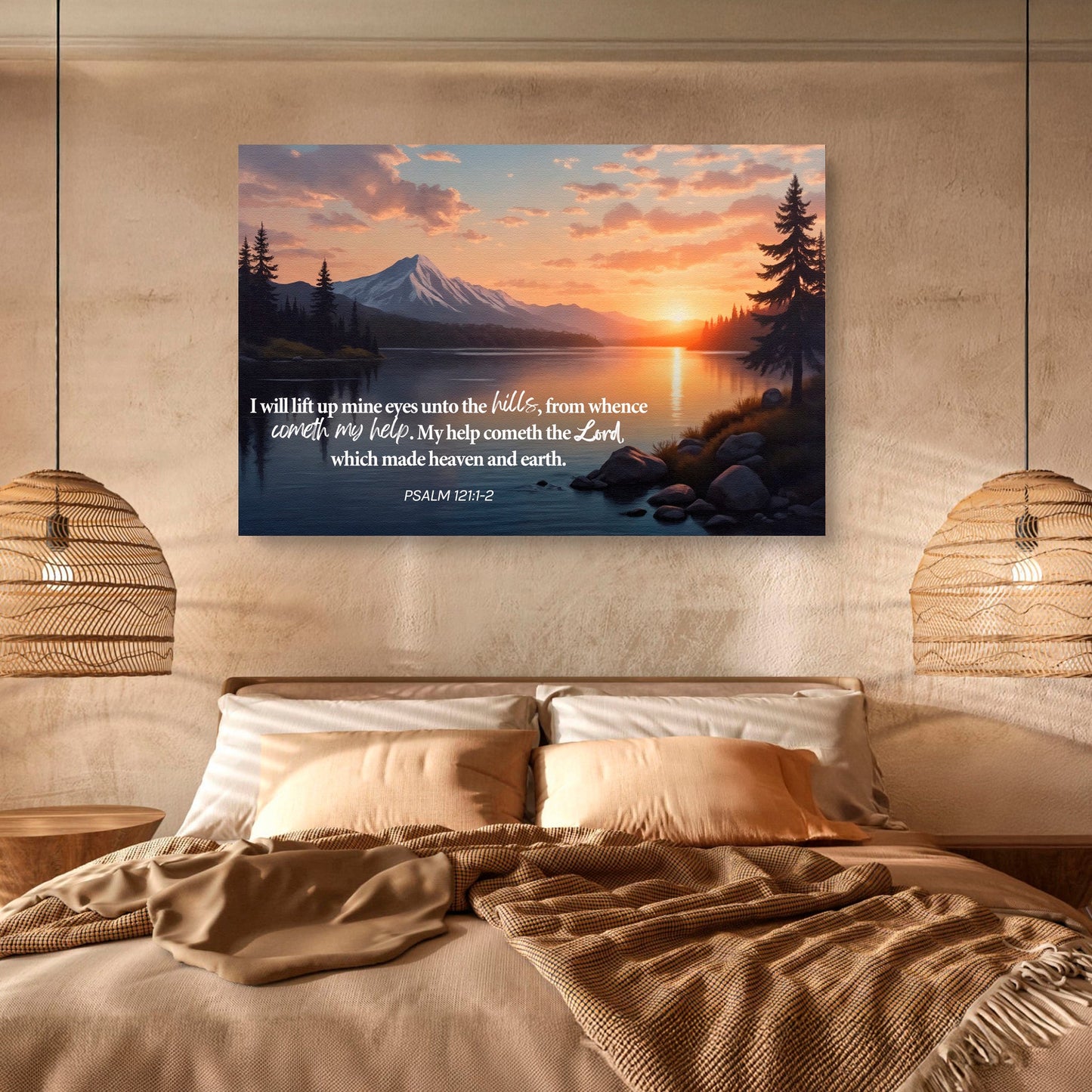Faith wall canvas with sunrise mountain lake view and Psalm 121:1-2 quote text
