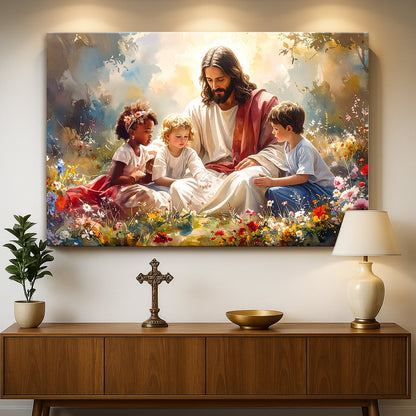 Framed wall art of Jesus with three children sitting among colorful flowers