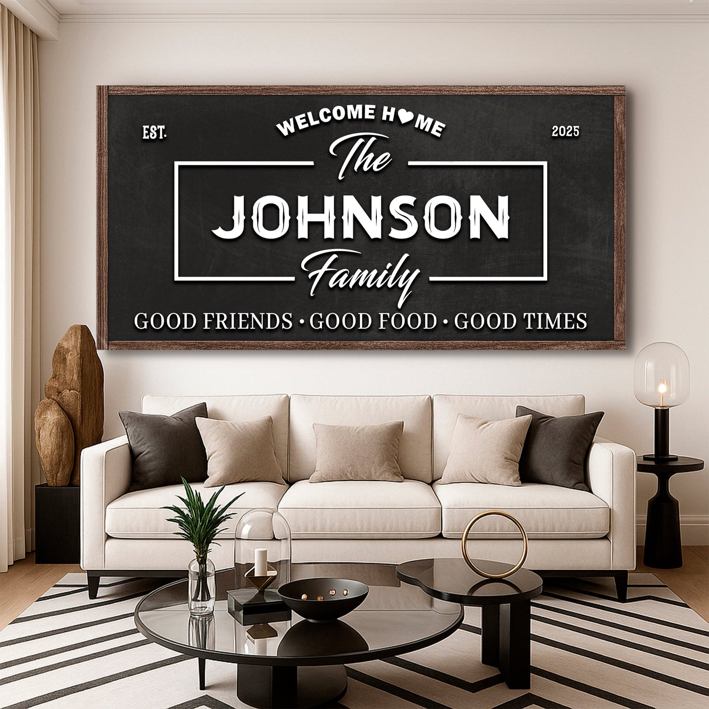 Landscape wall sign with dark background, white “The Johnson Family” center text and border