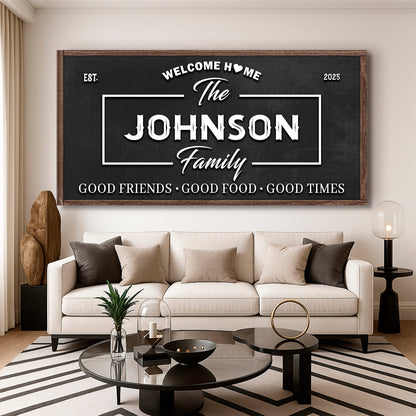 Landscape wall sign with dark background, white “The Johnson Family” center text and border