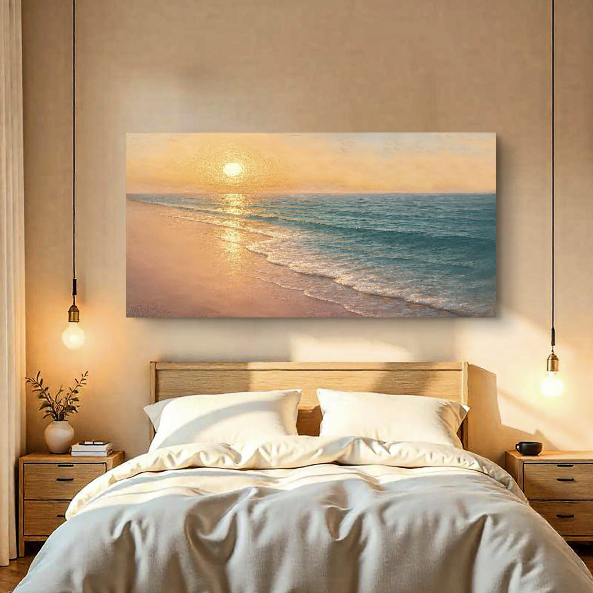Coastal beach canvas wall art with sunlit shoreline and teal ocean waves.