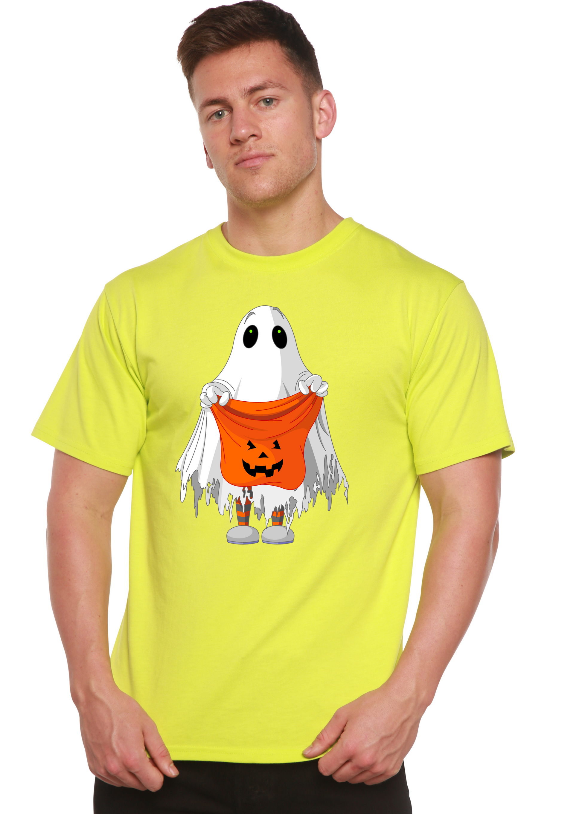 Men's neon yellow short-sleeve graphic t-shirt with ghost holding orange jack-o'-lantern bucket