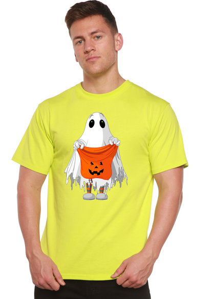 Men's neon yellow short-sleeve graphic t-shirt with ghost holding orange jack-o'-lantern bucket