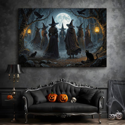 Halloween witch wall art canvas featuring a full moon, cloaked witches, and lantern lights.