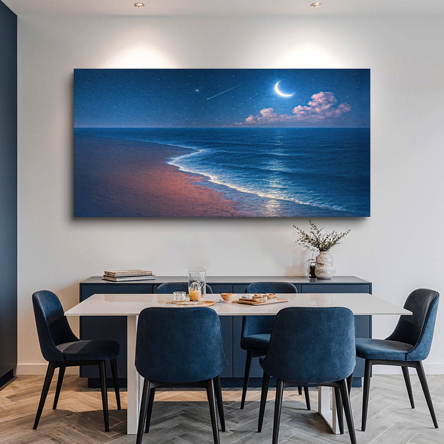 Beach shoreline wall art canvas with moon and blue ocean waves under night sky