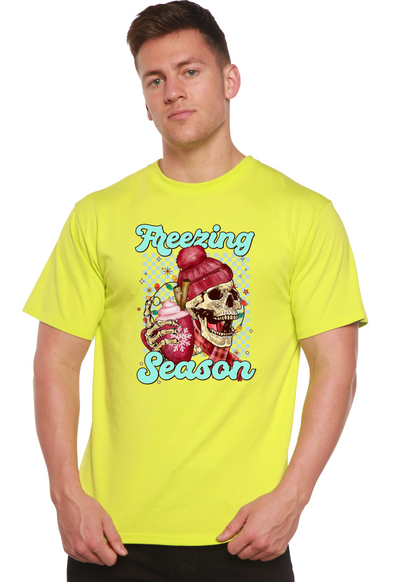 Lime yellow unisex short sleeve T-shirt with “Freezing Season” skull graphic in center.