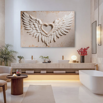 Abstract wall art canvas with angel wings and a heart ornament in relief