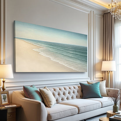 Seascape canvas wall art with shoreline and textured teal ocean waves with white foam.