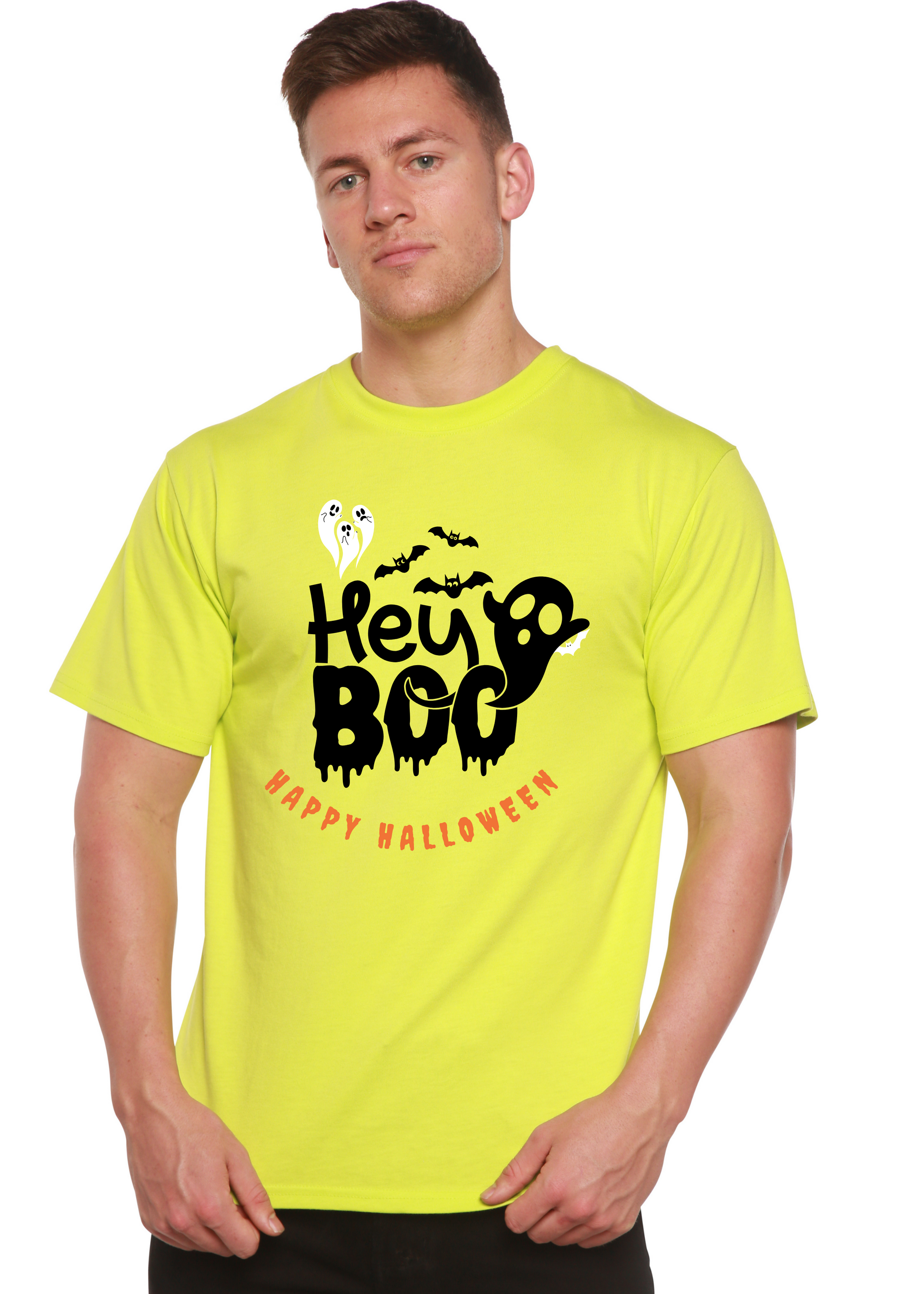 Men's lime green graphic T-shirt with 'Hey Boo' Halloween text and ghost/bat print