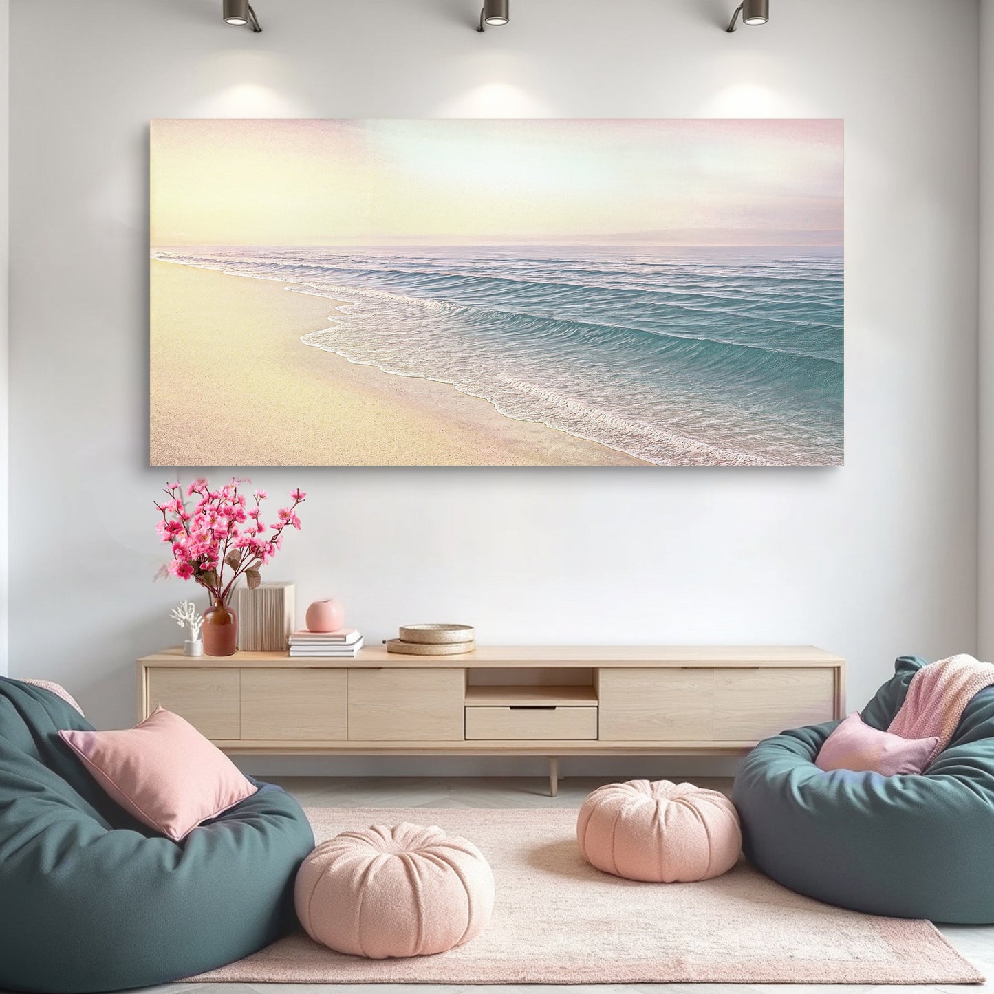 Coastal beach wall art canvas with beach shoreline and rolling ocean waves