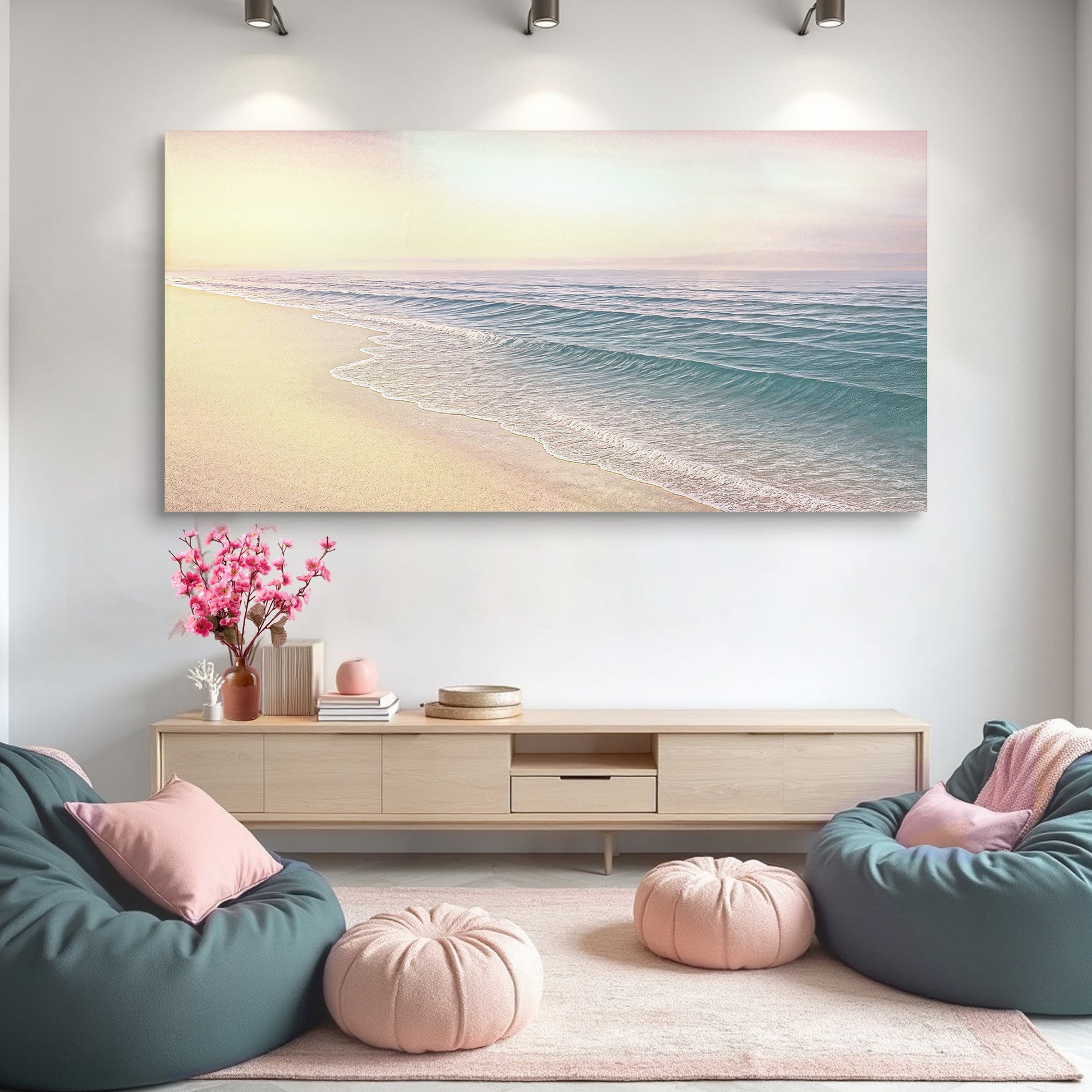 Coastal beach wall art canvas with beach shoreline and rolling ocean waves