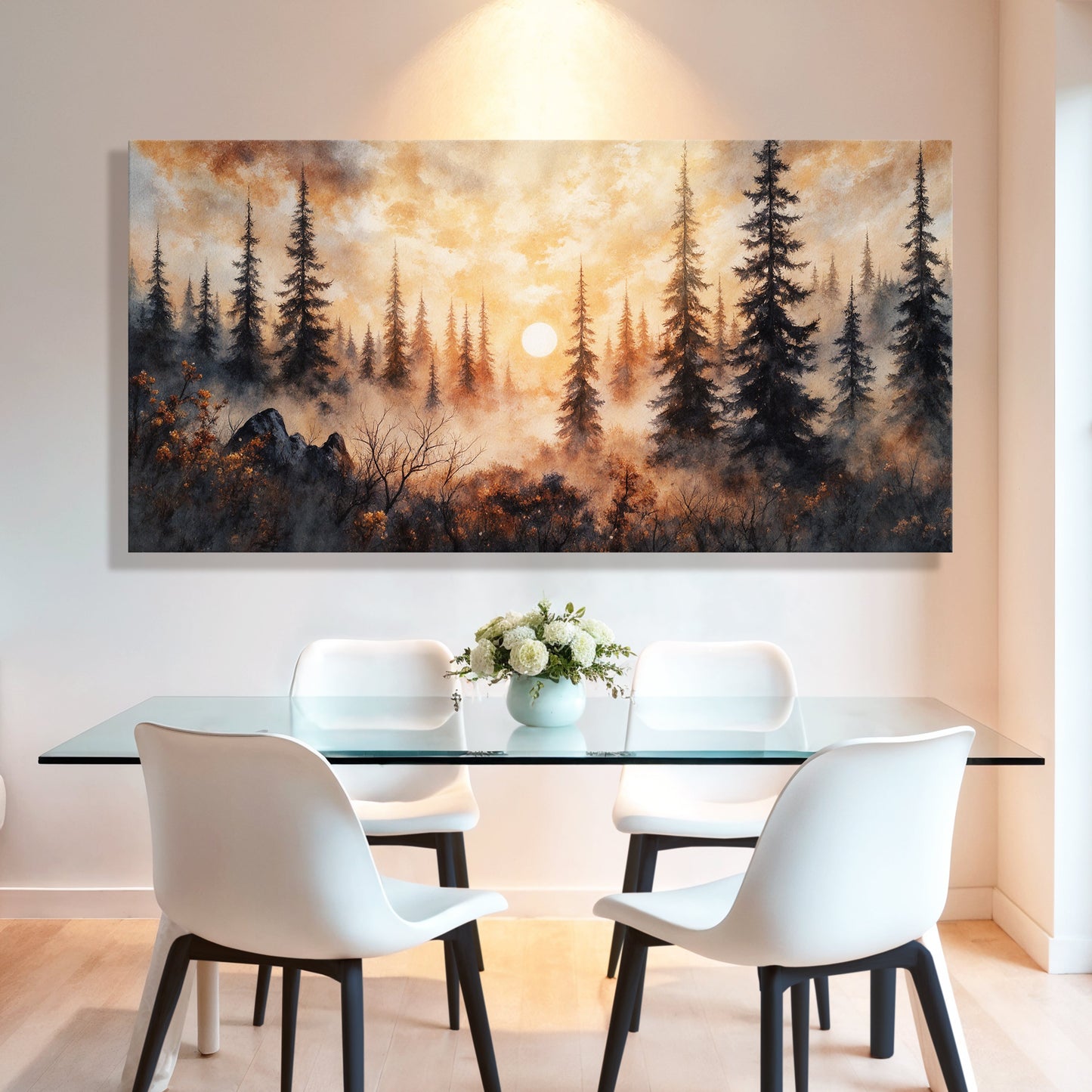 Forest sunset canvas wall art with tall pines, dark hills, and a glowing moon in warm sky.